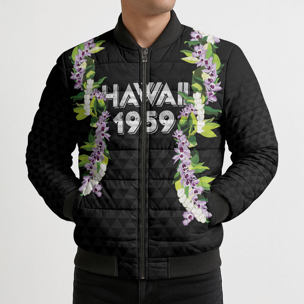Hawaii Statehood Day Bomber Puffer Jacket Kakau Pattern With Maile Pikake Honohono Lei LT05 - Polynesian Pride