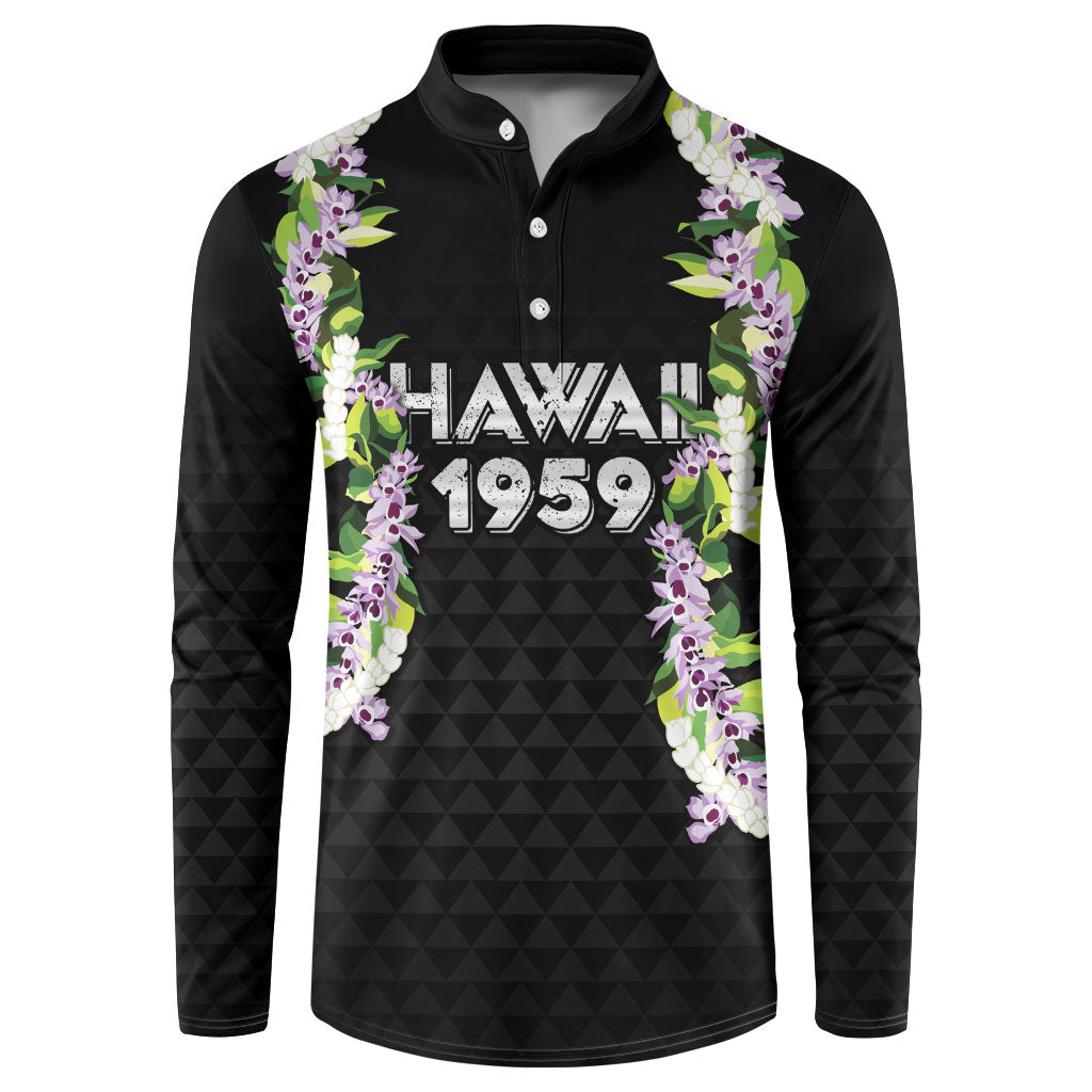 Hawaii Statehood Day Button Sweatshirt Kakau Pattern With Maile Pikake Honohono Lei LT05 Black - Polynesian Pride