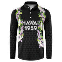 Hawaii Statehood Day Button Sweatshirt Kakau Pattern With Maile Pikake Honohono Lei LT05 Black - Polynesian Pride