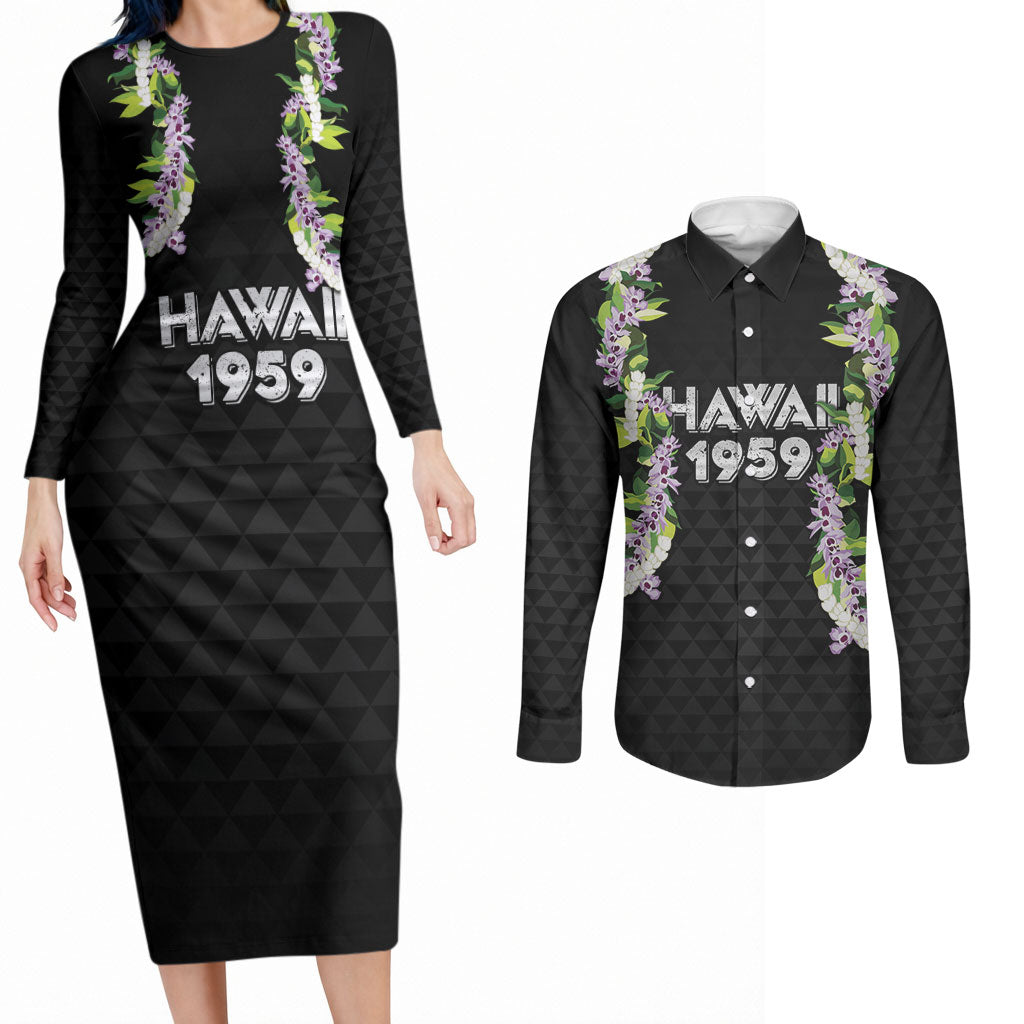Hawaii Statehood Day Couples Matching Long Sleeve Bodycon Dress and Long Sleeve Button Shirt Kakau Pattern With Maile Pikake Honohono Lei LT05 Black - Polynesian Pride