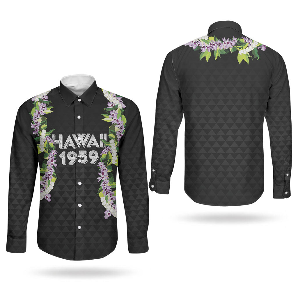 Hawaii Statehood Day Couples Matching Long Sleeve Bodycon Dress and Long Sleeve Button Shirt Kakau Pattern With Maile Pikake Honohono Lei LT05 - Polynesian Pride