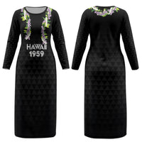 Hawaii Statehood Day Couples Matching Long Sleeve Bodycon Dress and Long Sleeve Button Shirt Kakau Pattern With Maile Pikake Honohono Lei LT05 - Polynesian Pride