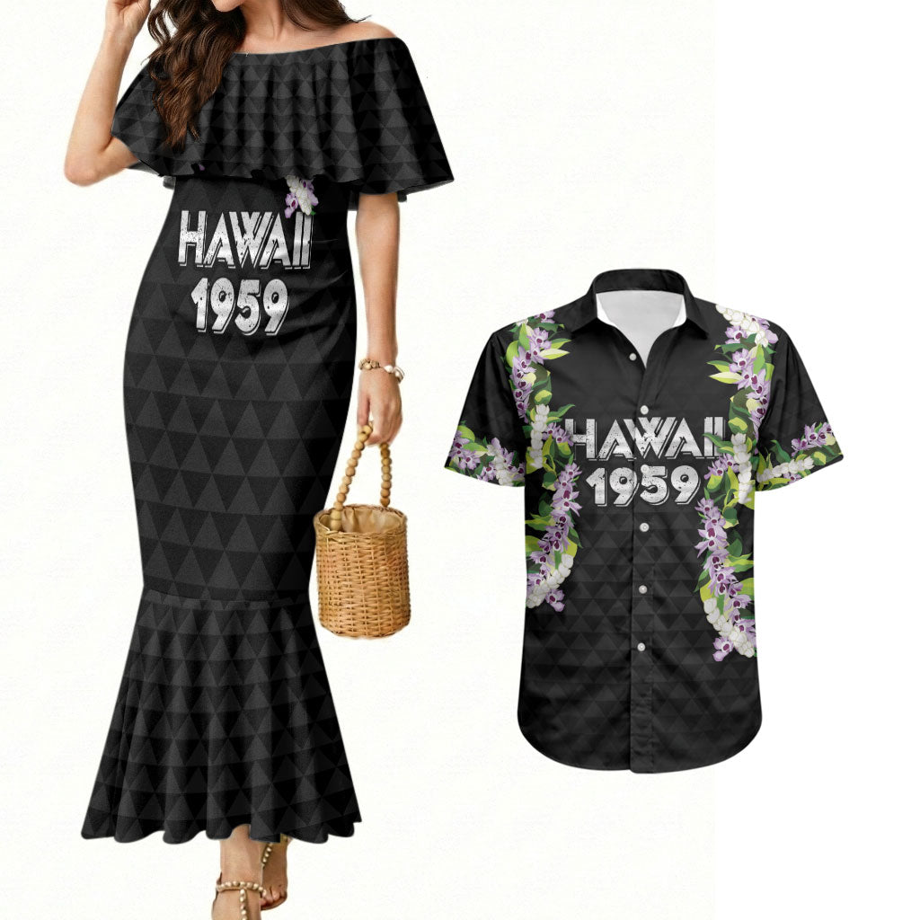 Hawaii Statehood Day Couples Matching Mermaid Dress and Hawaiian Shirt Kakau Pattern With Maile Pikake Honohono Lei LT05 Black - Polynesian Pride