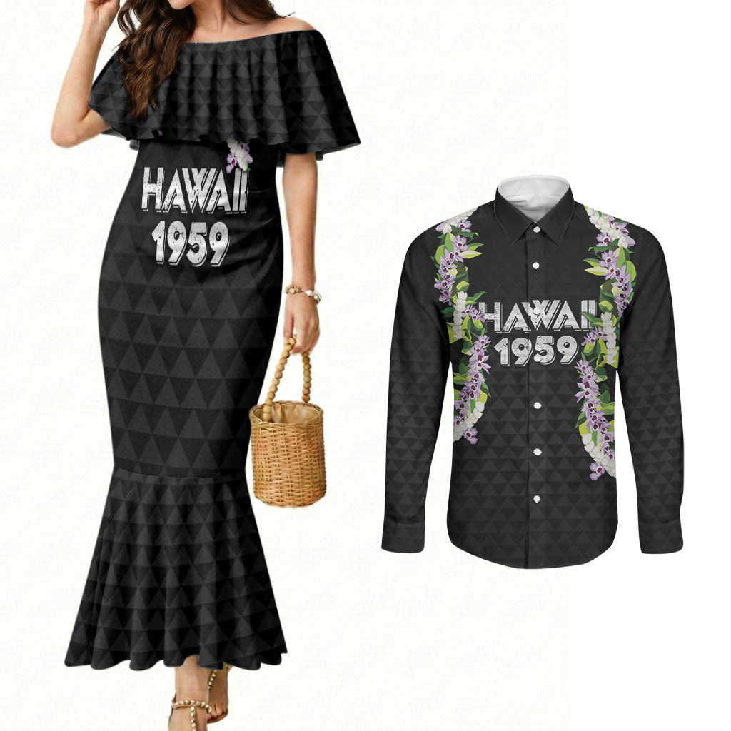 Hawaii Statehood Day Couples Matching Mermaid Dress and Long Sleeve Button Shirt Kakau Pattern With Maile Pikake Honohono Lei LT05 Black - Polynesian Pride
