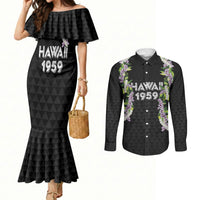 Hawaii Statehood Day Couples Matching Mermaid Dress and Long Sleeve Button Shirt Kakau Pattern With Maile Pikake Honohono Lei LT05 Black - Polynesian Pride