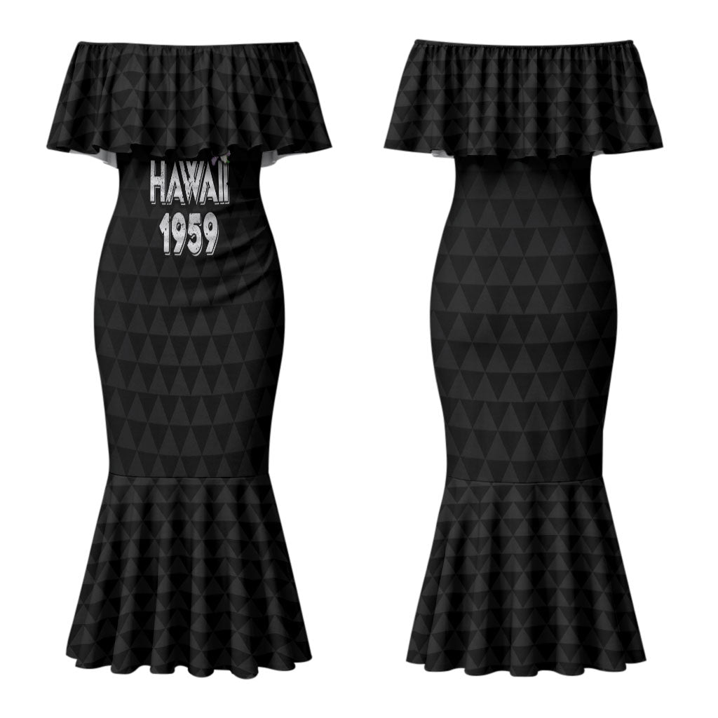 Hawaii Statehood Day Couples Matching Mermaid Dress and Long Sleeve Button Shirt Kakau Pattern With Maile Pikake Honohono Lei LT05 - Polynesian Pride