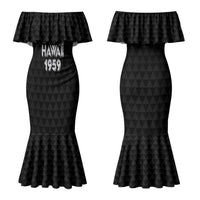 Hawaii Statehood Day Couples Matching Mermaid Dress and Long Sleeve Button Shirt Kakau Pattern With Maile Pikake Honohono Lei LT05 - Polynesian Pride