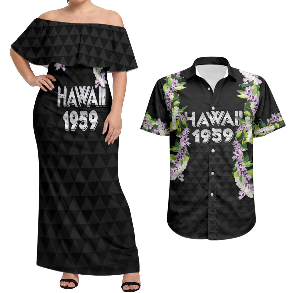 Hawaii Statehood Day Couples Matching Off Shoulder Maxi Dress and Hawaiian Shirt Kakau Pattern With Maile Pikake Honohono Lei LT05 Black - Polynesian Pride