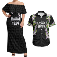 Hawaii Statehood Day Couples Matching Off Shoulder Maxi Dress and Hawaiian Shirt Kakau Pattern With Maile Pikake Honohono Lei LT05 Black - Polynesian Pride