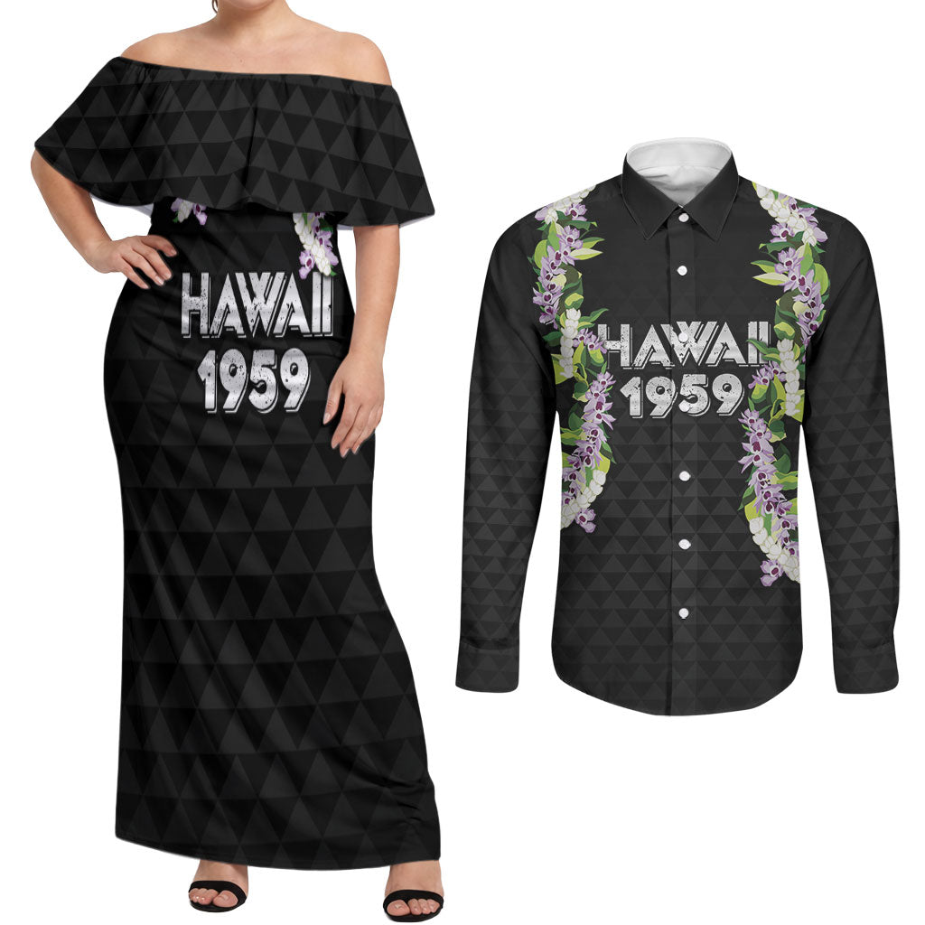 Hawaii Statehood Day Couples Matching Off Shoulder Maxi Dress and Long Sleeve Button Shirt Kakau Pattern With Maile Pikake Honohono Lei LT05 Black - Polynesian Pride