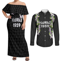 Hawaii Statehood Day Couples Matching Off Shoulder Maxi Dress and Long Sleeve Button Shirt Kakau Pattern With Maile Pikake Honohono Lei LT05 Black - Polynesian Pride