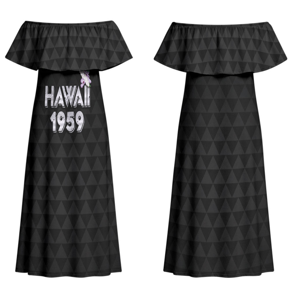 Hawaii Statehood Day Couples Matching Off Shoulder Maxi Dress and Long Sleeve Button Shirt Kakau Pattern With Maile Pikake Honohono Lei LT05 - Polynesian Pride