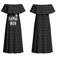 Hawaii Statehood Day Couples Matching Off Shoulder Maxi Dress and Long Sleeve Button Shirt Kakau Pattern With Maile Pikake Honohono Lei LT05 - Polynesian Pride