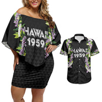 Hawaii Statehood Day Couples Matching Off Shoulder Short Dress and Hawaiian Shirt Kakau Pattern With Maile Pikake Honohono Lei LT05 Black - Polynesian Pride