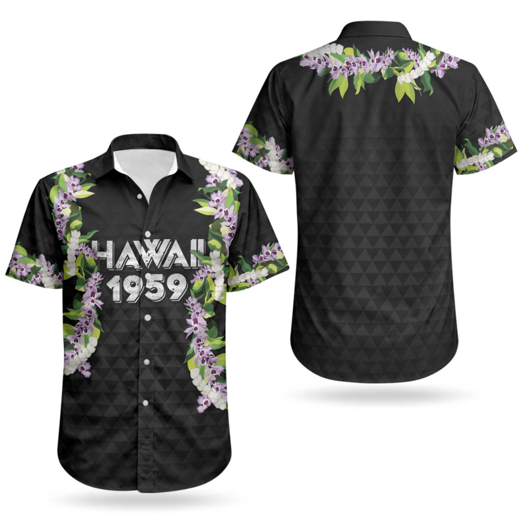 Hawaii Statehood Day Couples Matching Off Shoulder Short Dress and Hawaiian Shirt Kakau Pattern With Maile Pikake Honohono Lei LT05 - Polynesian Pride