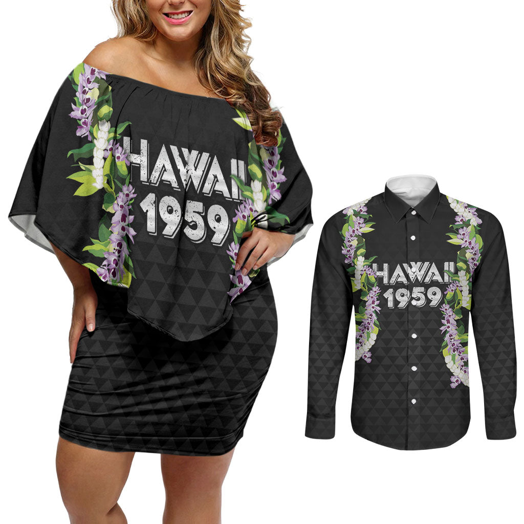 Hawaii Statehood Day Couples Matching Off Shoulder Short Dress and Long Sleeve Button Shirt Kakau Pattern With Maile Pikake Honohono Lei LT05 Black - Polynesian Pride