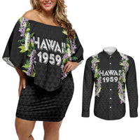 Hawaii Statehood Day Couples Matching Off Shoulder Short Dress and Long Sleeve Button Shirt Kakau Pattern With Maile Pikake Honohono Lei LT05 Black - Polynesian Pride