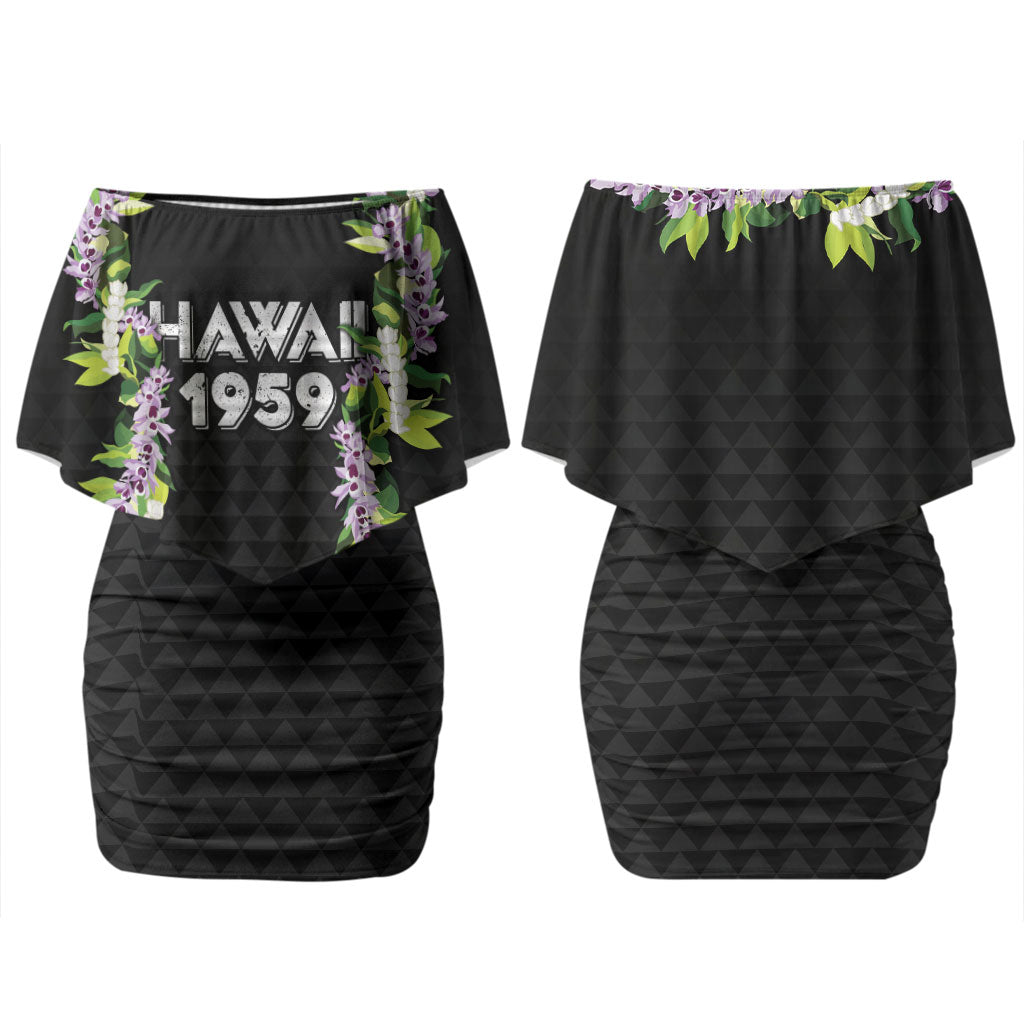 Hawaii Statehood Day Couples Matching Off Shoulder Short Dress and Long Sleeve Button Shirt Kakau Pattern With Maile Pikake Honohono Lei LT05 - Polynesian Pride
