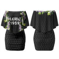 Hawaii Statehood Day Couples Matching Off Shoulder Short Dress and Long Sleeve Button Shirt Kakau Pattern With Maile Pikake Honohono Lei LT05 - Polynesian Pride