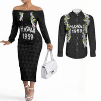 Hawaii Statehood Day Couples Matching Off The Shoulder Long Sleeve Dress and Long Sleeve Button Shirt Kakau Pattern With Maile Pikake Honohono Lei LT05 Black - Polynesian Pride