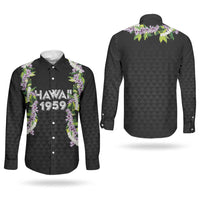 Hawaii Statehood Day Couples Matching Off The Shoulder Long Sleeve Dress and Long Sleeve Button Shirt Kakau Pattern With Maile Pikake Honohono Lei LT05 - Polynesian Pride