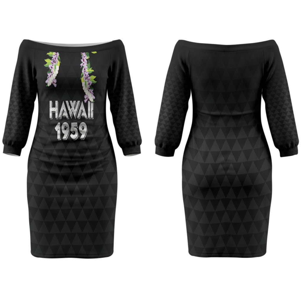 Hawaii Statehood Day Couples Matching Off The Shoulder Long Sleeve Dress and Long Sleeve Button Shirt Kakau Pattern With Maile Pikake Honohono Lei LT05 - Polynesian Pride