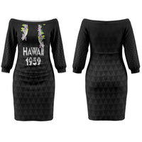 Hawaii Statehood Day Couples Matching Off The Shoulder Long Sleeve Dress and Long Sleeve Button Shirt Kakau Pattern With Maile Pikake Honohono Lei LT05 - Polynesian Pride