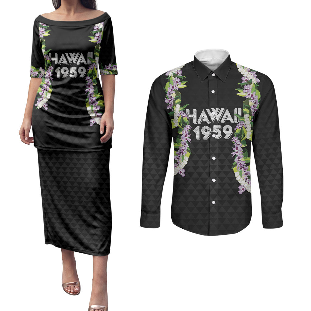Hawaii Statehood Day Couples Matching Puletasi and Long Sleeve Button Shirt Kakau Pattern With Maile Pikake Honohono Lei LT05 Black - Polynesian Pride