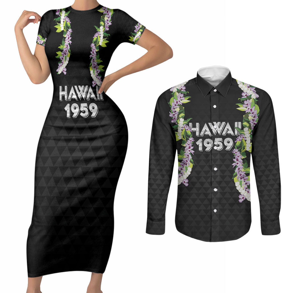 Hawaii Statehood Day Couples Matching Short Sleeve Bodycon Dress and Long Sleeve Button Shirt Kakau Pattern With Maile Pikake Honohono Lei LT05 Black - Polynesian Pride