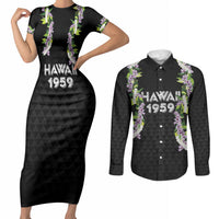 Hawaii Statehood Day Couples Matching Short Sleeve Bodycon Dress and Long Sleeve Button Shirt Kakau Pattern With Maile Pikake Honohono Lei LT05 Black - Polynesian Pride