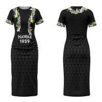 Hawaii Statehood Day Couples Matching Short Sleeve Bodycon Dress and Long Sleeve Button Shirt Kakau Pattern With Maile Pikake Honohono Lei LT05 - Polynesian Pride