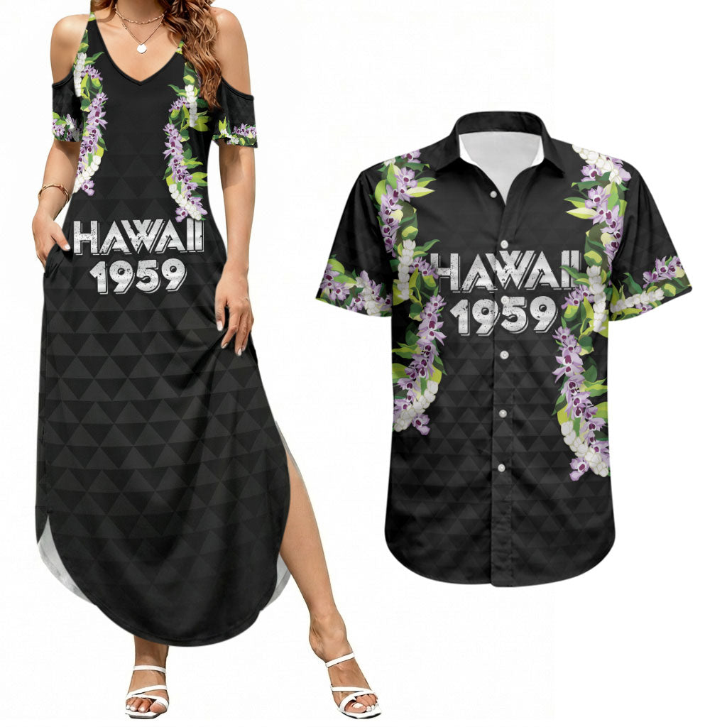 Hawaii Statehood Day Couples Matching Summer Maxi Dress and Hawaiian Shirt Kakau Pattern With Maile Pikake Honohono Lei LT05 Black - Polynesian Pride