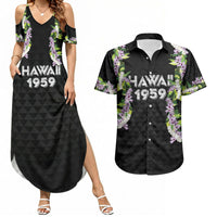 Hawaii Statehood Day Couples Matching Summer Maxi Dress and Hawaiian Shirt Kakau Pattern With Maile Pikake Honohono Lei LT05 Black - Polynesian Pride