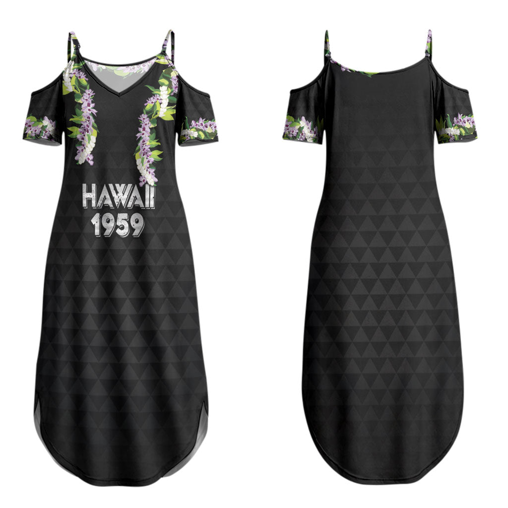 Hawaii Statehood Day Couples Matching Summer Maxi Dress and Hawaiian Shirt Kakau Pattern With Maile Pikake Honohono Lei LT05 - Polynesian Pride