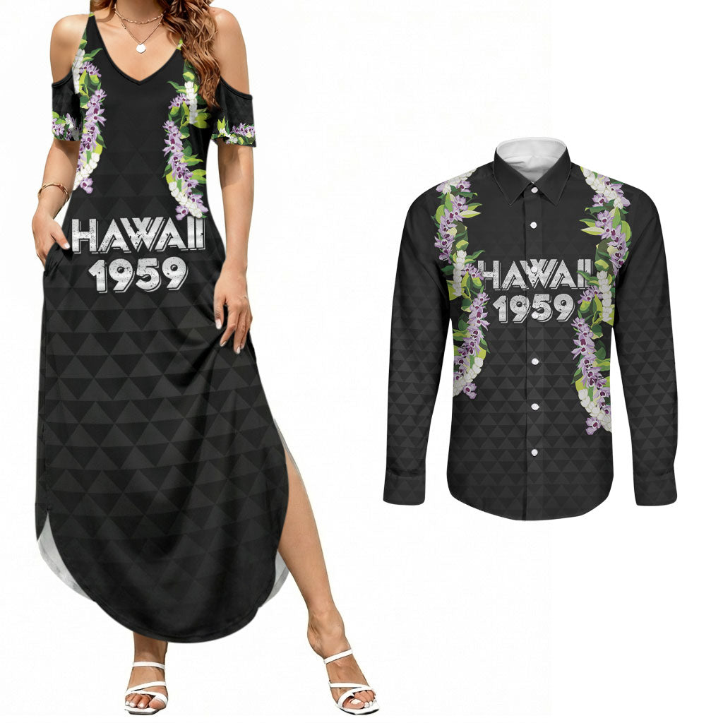 Hawaii Statehood Day Couples Matching Summer Maxi Dress and Long Sleeve Button Shirt Kakau Pattern With Maile Pikake Honohono Lei LT05 Black - Polynesian Pride