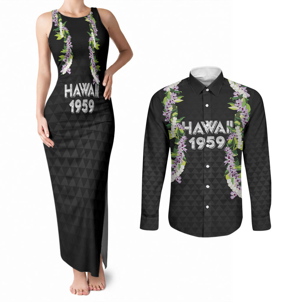 Hawaii Statehood Day Couples Matching Tank Maxi Dress and Long Sleeve Button Shirt Kakau Pattern With Maile Pikake Honohono Lei LT05 Black - Polynesian Pride