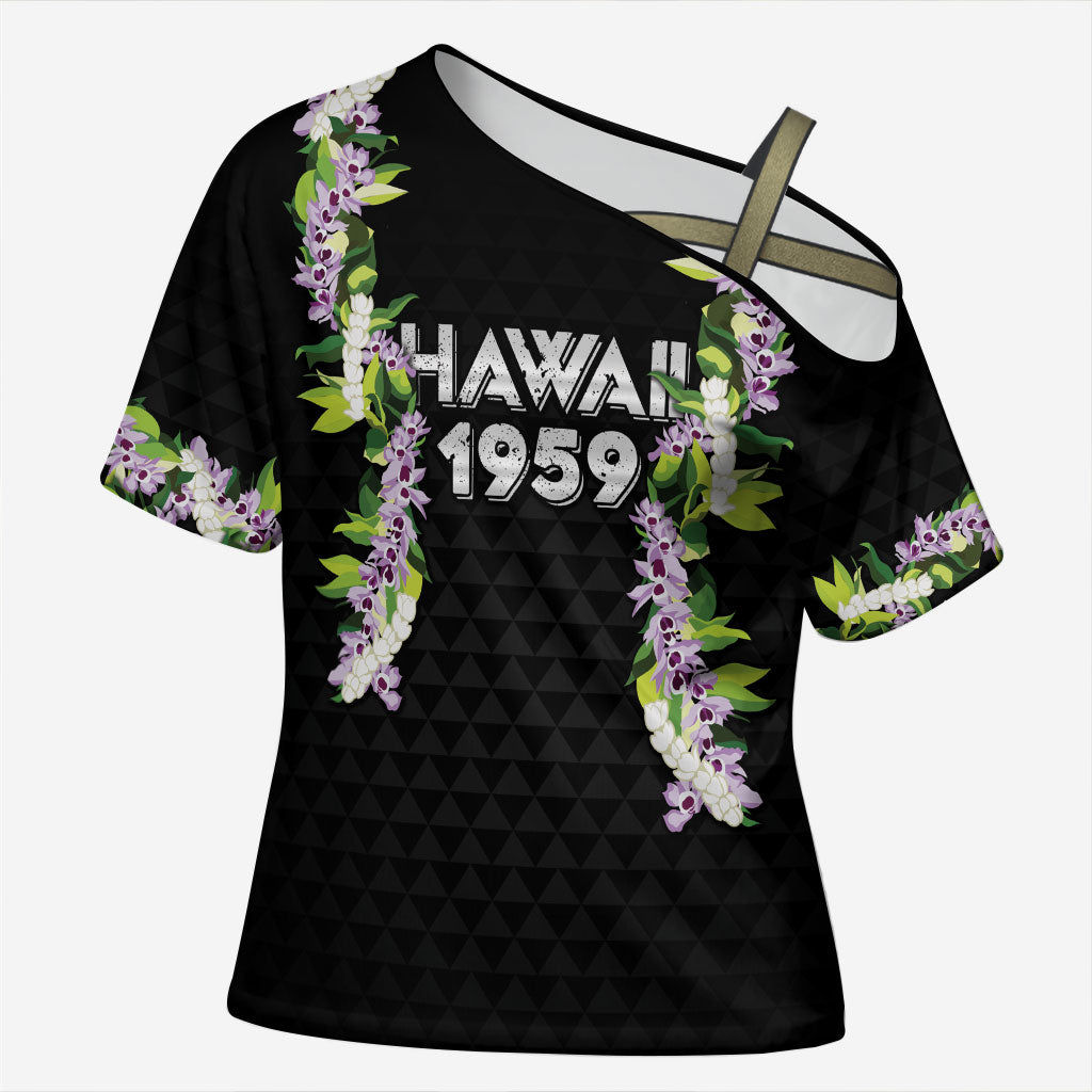 Hawaii Statehood Day Cross Shoulder Shirt Kakau Pattern With Maile Pikake Honohono Lei LT05 Female Black - Polynesian Pride