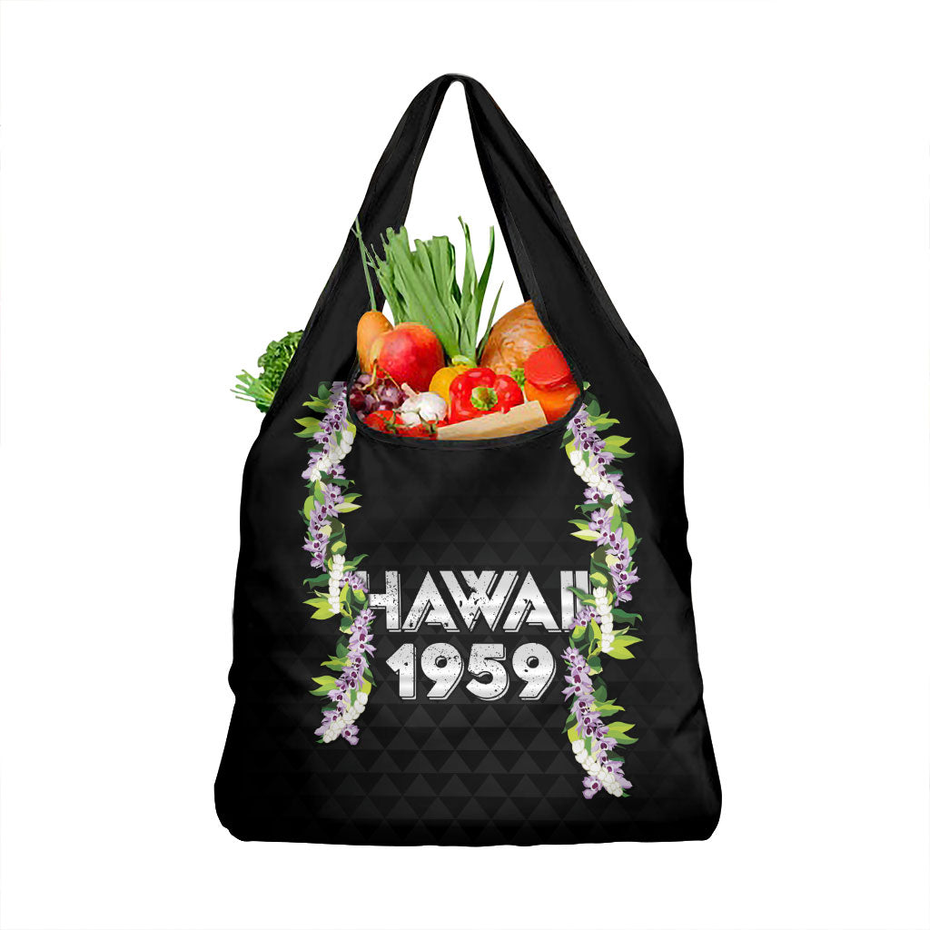 Hawaii Statehood Day Grocery Bag Kakau Pattern With Maile Pikake Honohono Lei LT05 1-pack One Size Black - Polynesian Pride