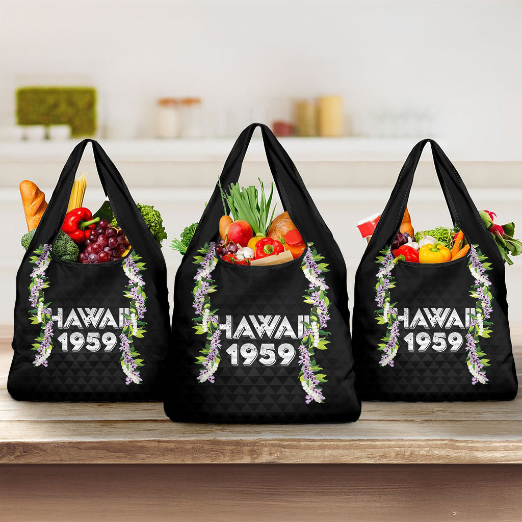 Hawaii Statehood Day Grocery Bag Kakau Pattern With Maile Pikake Honohono Lei LT05 3-pack One Size Black - Polynesian Pride