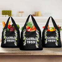 Hawaii Statehood Day Grocery Bag Kakau Pattern With Maile Pikake Honohono Lei LT05 3-pack One Size Black - Polynesian Pride