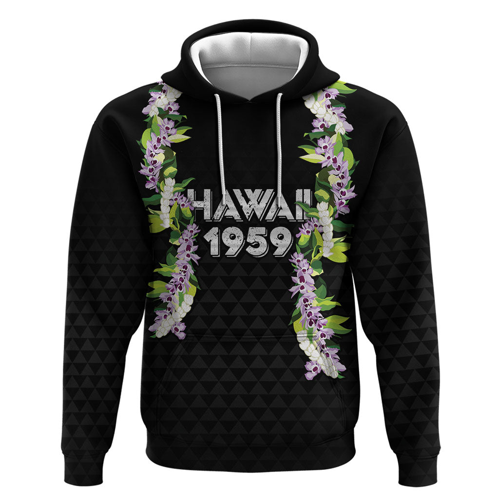 Hawaii Statehood Day Hoodie Kakau Pattern With Maile Pikake Honohono Lei LT05 Pullover Hoodie Black - Polynesian Pride