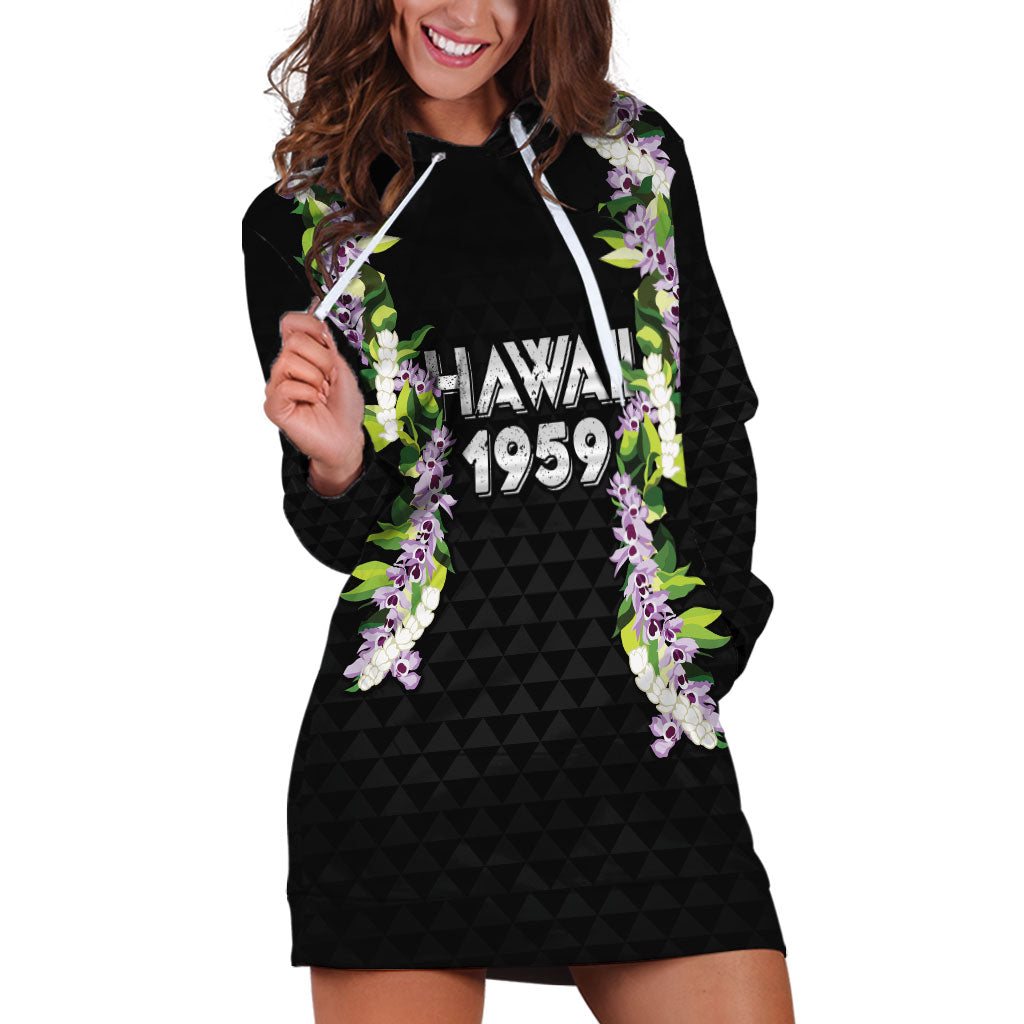 Hawaii Statehood Day Hoodie Dress Kakau Pattern With Maile Pikake Honohono Lei LT05 Black - Polynesian Pride
