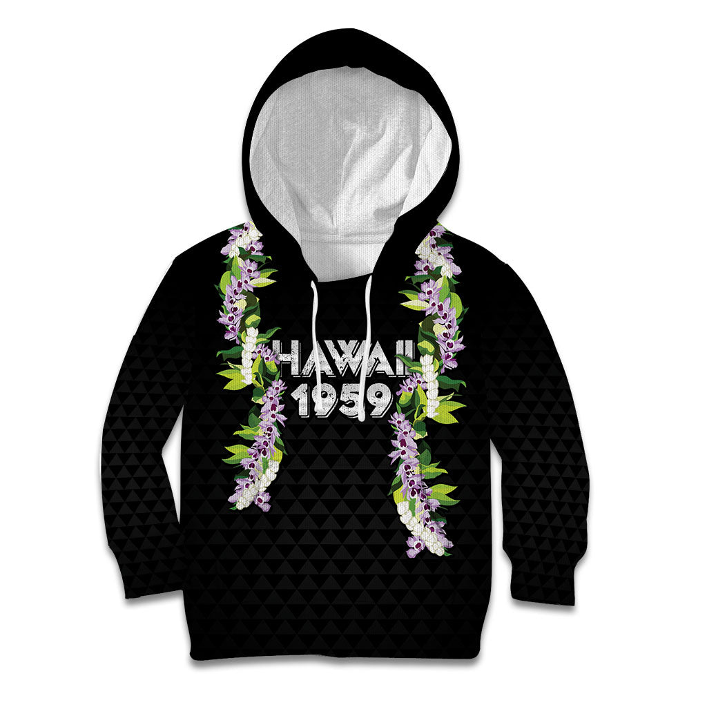 Hawaii Statehood Day Kid Hoodie Kakau Pattern With Maile Pikake Honohono Lei LT05 Hoodie Black - Polynesian Pride