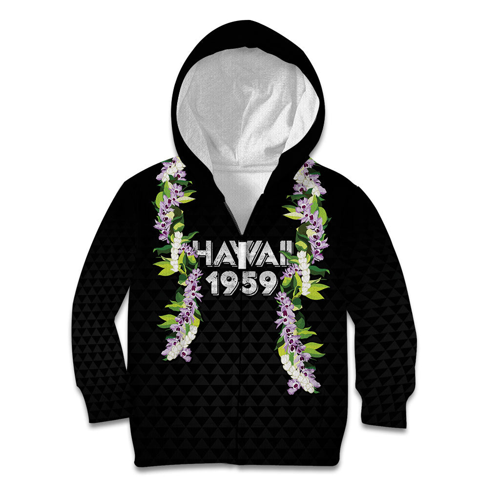 Hawaii Statehood Day Kid Hoodie Kakau Pattern With Maile Pikake Honohono Lei LT05 Zip Hoodie Black - Polynesian Pride