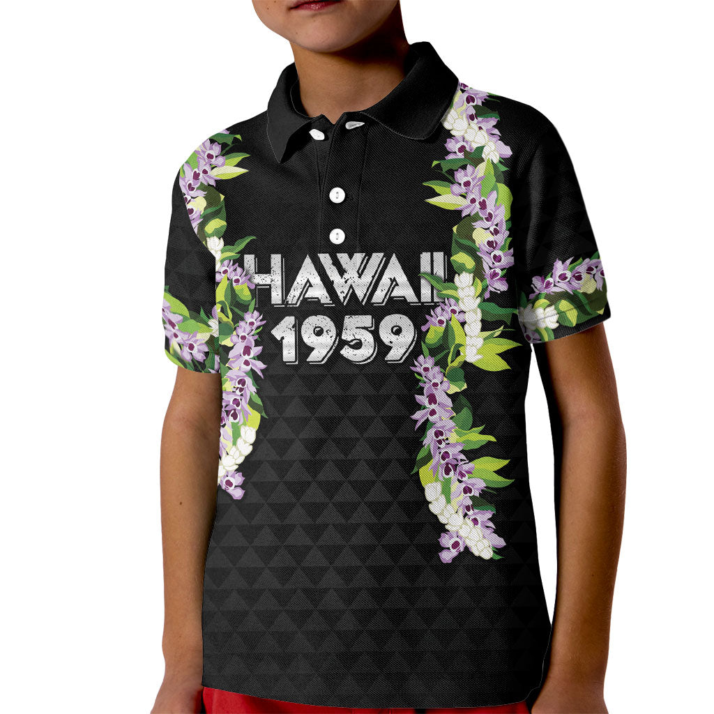 Hawaii Statehood Day Kid Polo Shirt Kakau Pattern With Maile Pikake Honohono Lei LT05 Kid Black - Polynesian Pride