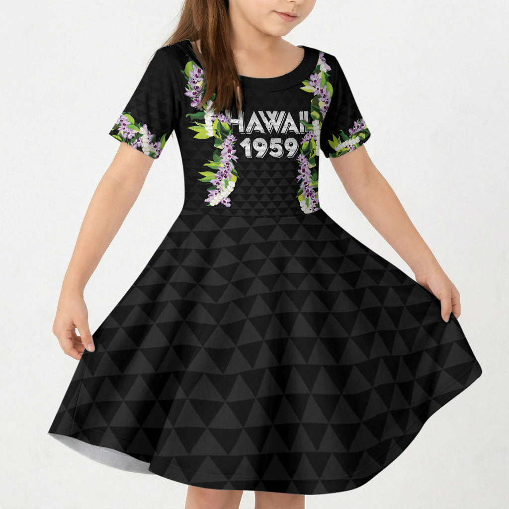 Hawaii Statehood Day Kid Short Sleeve Dress Kakau Pattern With Maile Pikake Honohono Lei LT05 KID Black - Polynesian Pride