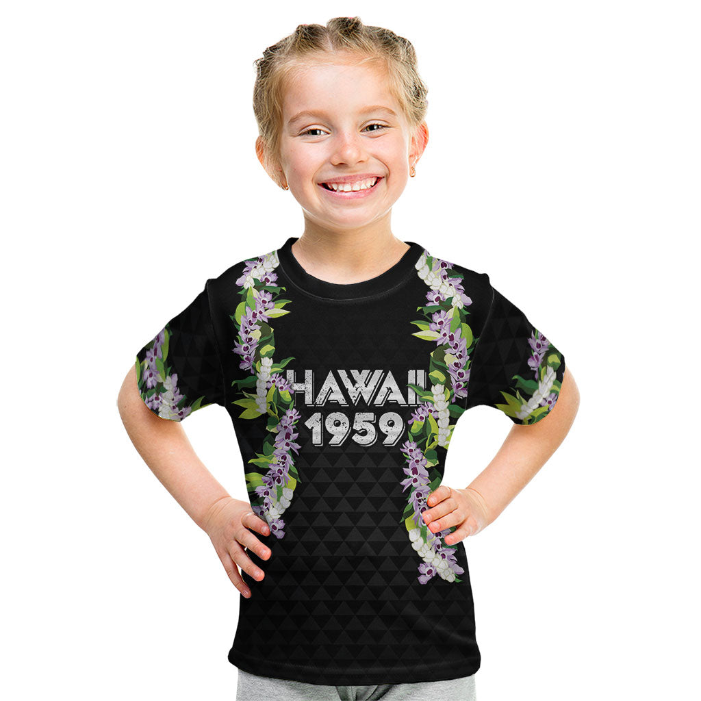 Hawaii Statehood Day Kid T Shirt Kakau Pattern With Maile Pikake Honohono Lei LT05 Black - Polynesian Pride