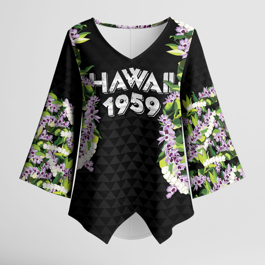 Hawaii Statehood Day Kimono Sleeve Blouse Kakau Pattern With Maile Pikake Honohono Lei LT05 Female Black - Polynesian Pride