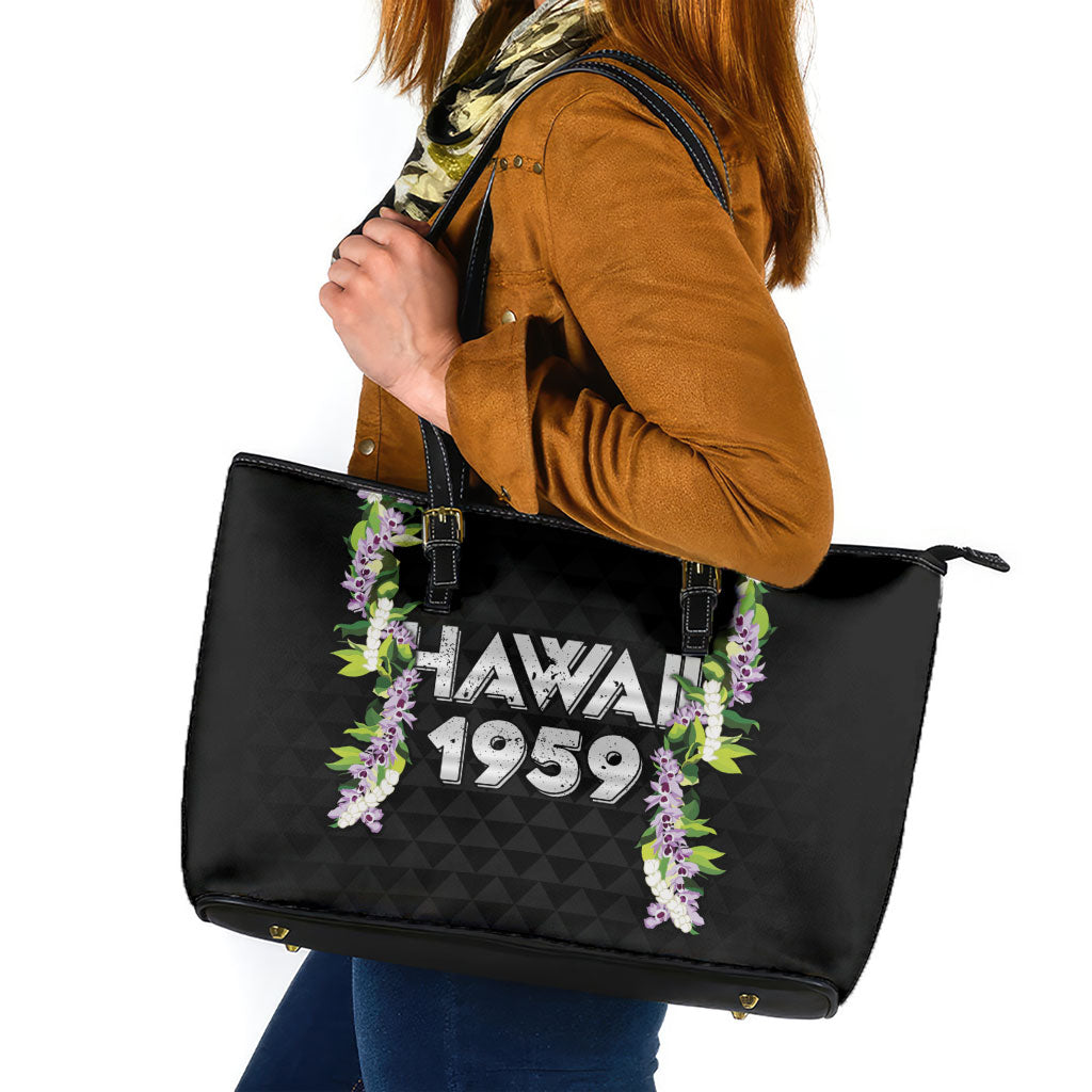 Hawaii Statehood Day Leather Tote Bag Kakau Pattern With Maile Pikake Honohono Lei LT05 Black - Polynesian Pride