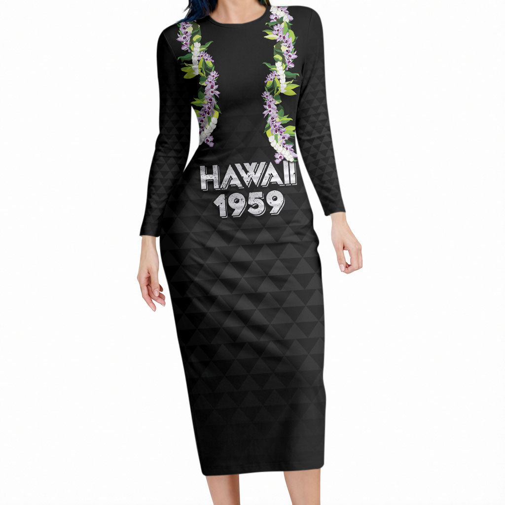 Hawaii Statehood Day Long Sleeve Bodycon Dress Kakau Pattern With Maile Pikake Honohono Lei LT05 Long Dress Black - Polynesian Pride